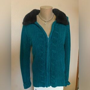 Y2k Turquoise & Black Cable Knit Zip Up Sweater with Faux Fur Collar